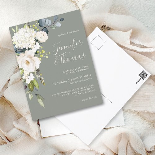 Elegant White Floral on Sage Green Wedding Postcard