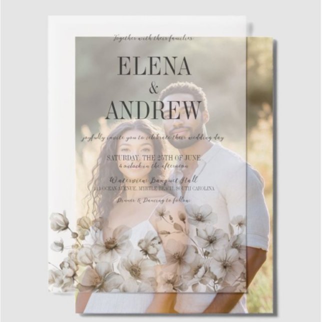 Elegant White Floral Overlay Wedding Vellum Invitations (Elegant wedding invitation vellum overlay with white florals, modern script, classic, romantic)