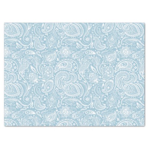 Elegant White Floral Paisley Over Blue Background Tissue Paper