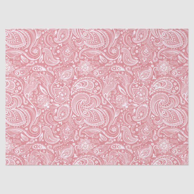 Elegant White Floral Paisley Over Pink Background Tissue Paper (Front)