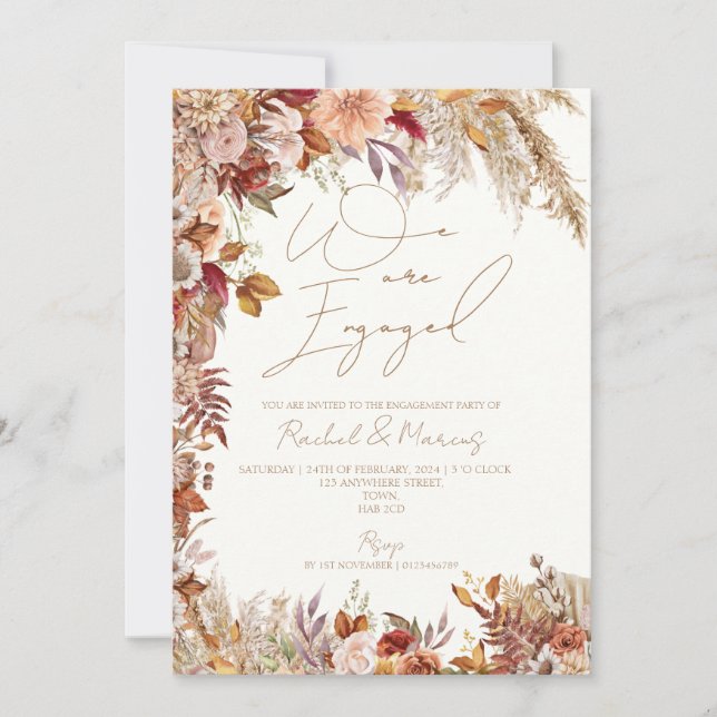 Elegant White Floral Pampas Grass Engagement Party Invitation (Front)