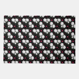 Elegant White Floral Pattern on Black Background Doormat