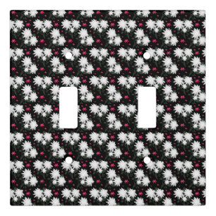 Elegant White Floral Pattern on Black Background Light Switch Cover