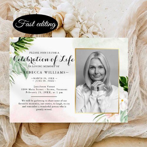 Elegant White Floral Photo Celebration of life Invitation