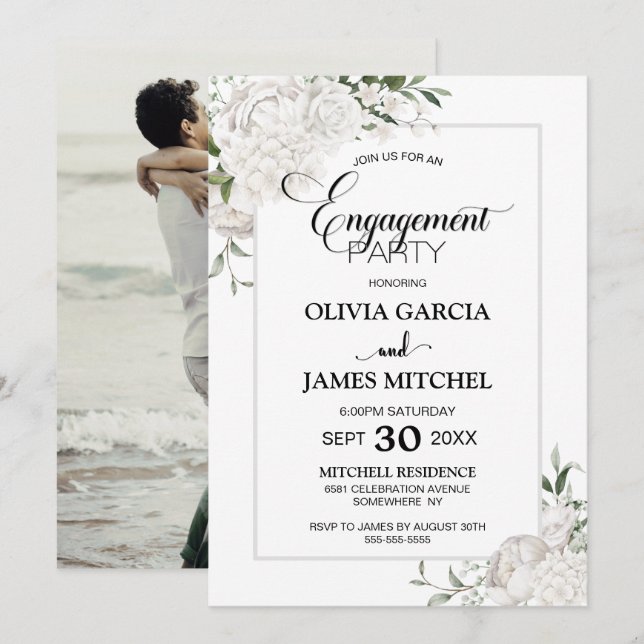 Elegant White Floral Photo Engagement Party Invitation (Front/Back)