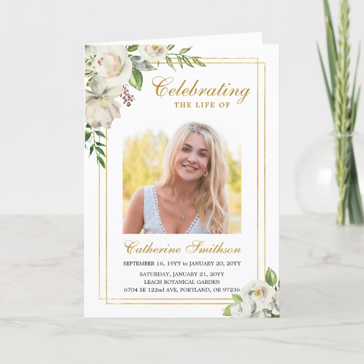 Elegant White Floral Photo Memorial Funeral Program | Zazzle