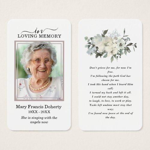 Elegant White Floral Photo Prayer Card