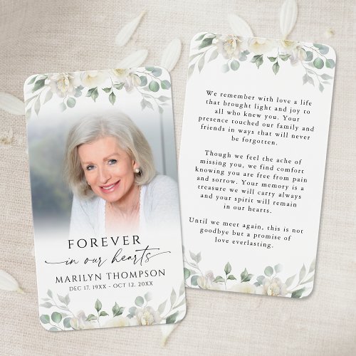 Elegant White Floral Photo Prayer Card
