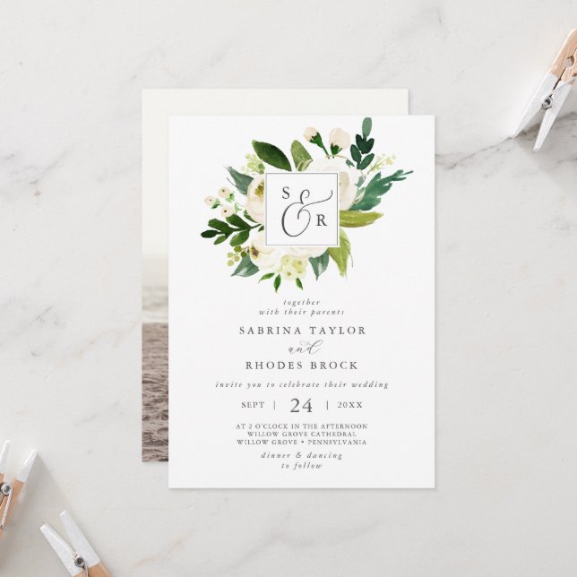 Elegant White Floral Photo Wedding Invitation (Front/Back In Situ)