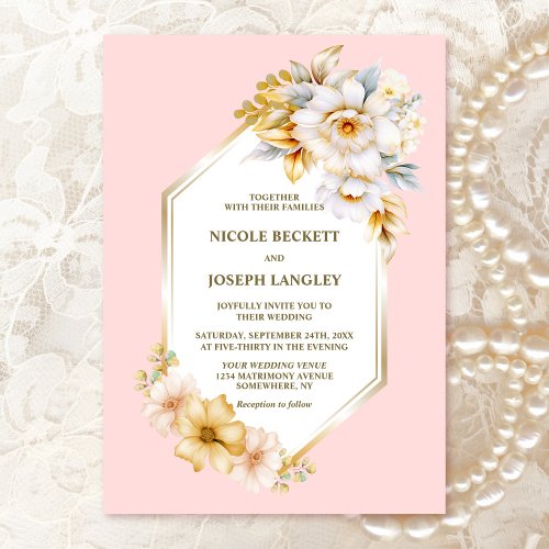 Elegant White Floral Pink Geometric Wedding Invitation