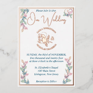 Elegant White Floral Pink & Sage Wedding Foil Invitation