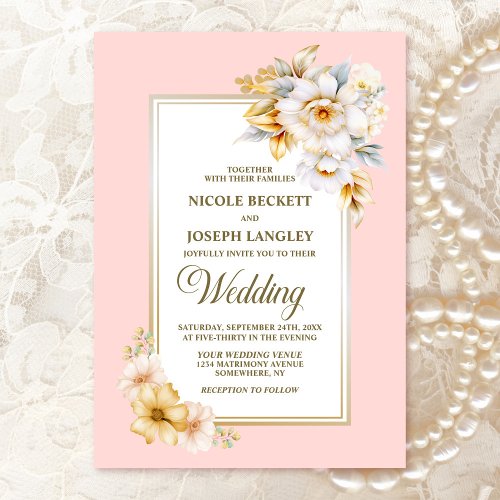 Elegant White Floral Pink Wedding Invitation