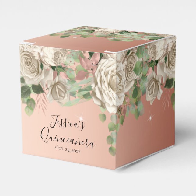Elegant White Floral Quinceanera Favor Box (Front Side)