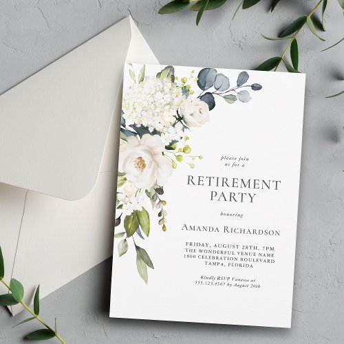 Elegant White Floral Retirement Party Invitation