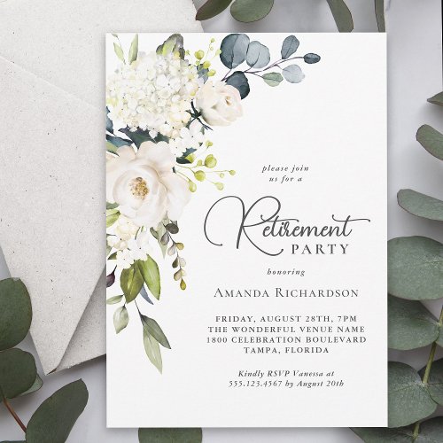 Elegant White Floral Retirement Party Invitation