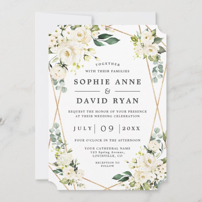 Elegant White Floral Rose Gold All In One Wedding Invitation (Front)