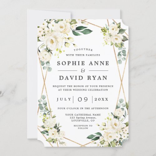 Elegant White Floral Rose Gold All In One Wedding Invitation