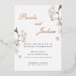 Elegant White Floral Rose Gold Foil Modern Wedding Invitation