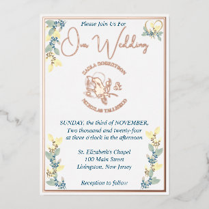Elegant White & Floral Rose Gold Wedding Foil Invitation