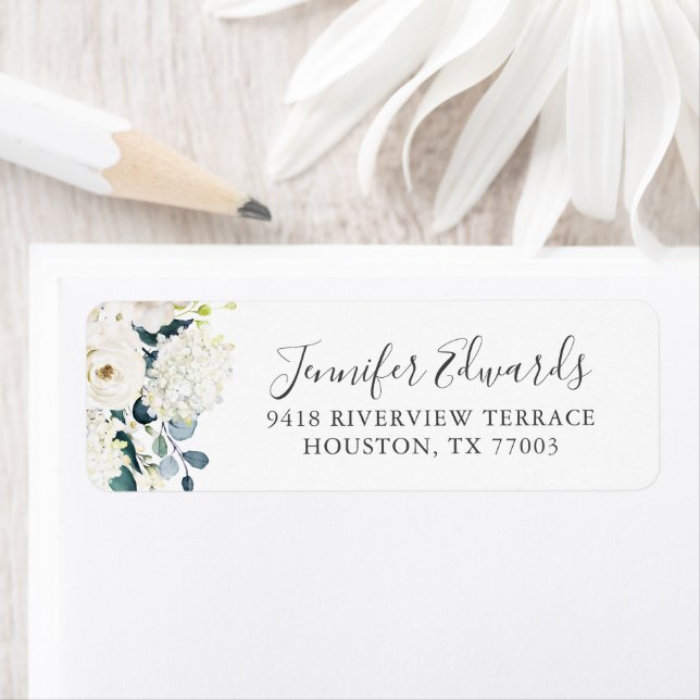 Elegant White Floral Roses and Hydrangeas Wedding Label (Insitu)