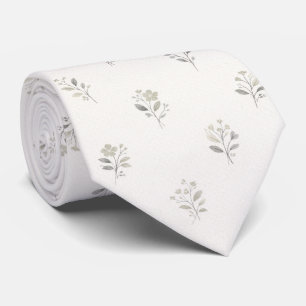 Elegant White Floral Sage Green Botanical Neck Tie