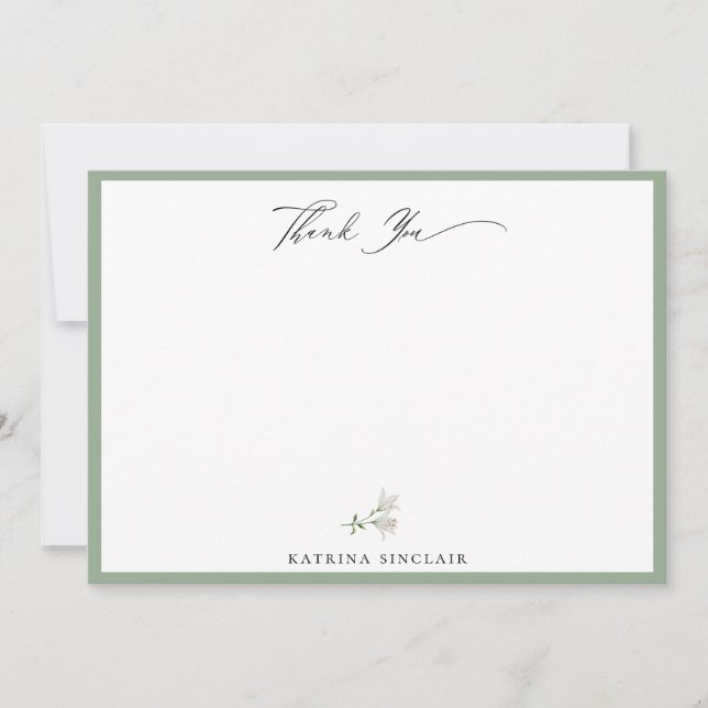 Elegant White Floral Sage Green Thank You Note Card (Front)