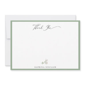 Elegant White Floral Sage Green Thank You Note Card