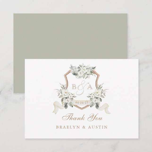 Elegant White Floral Sage Green Wedding Crest Thank You Card (Front/Back)