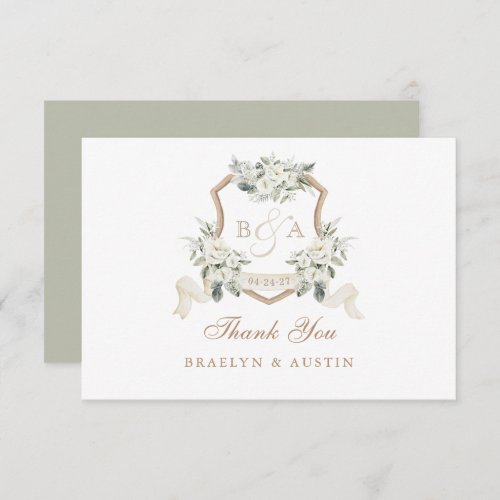 Elegant White Floral Sage Green Wedding Crest Thank You Card