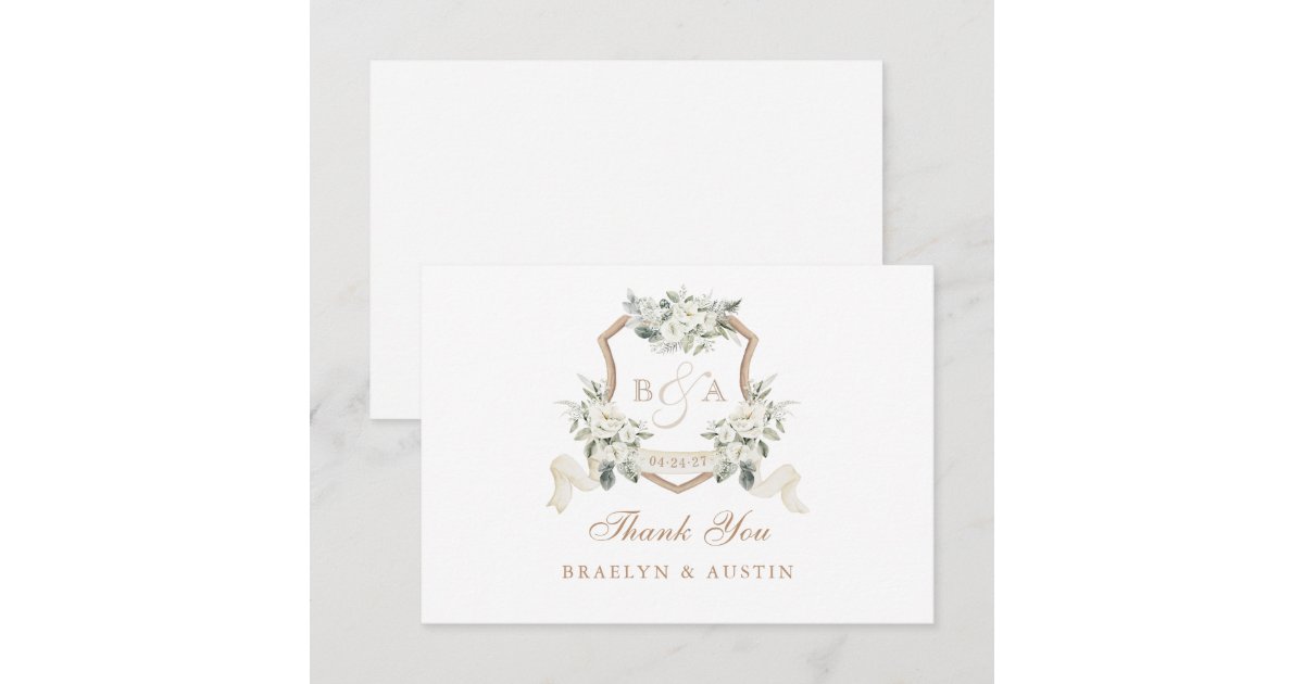 Elegant White Floral Sage Green Wedding Crest Thank You Card | Zazzle