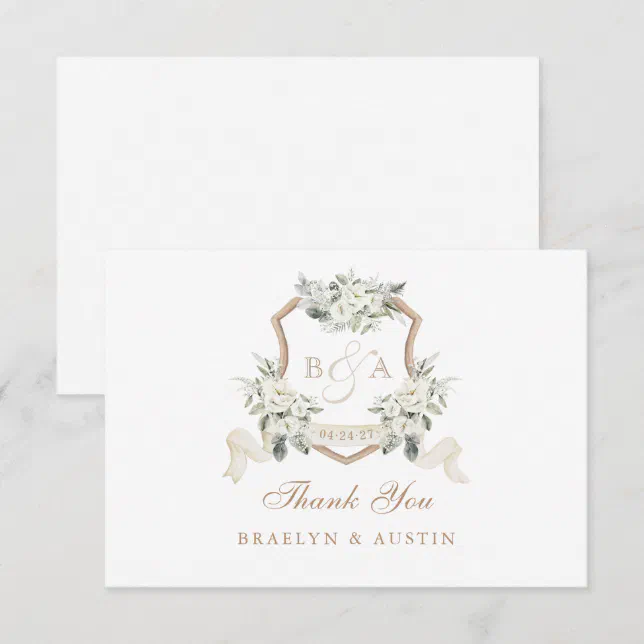 Elegant White Floral Sage Green Wedding Crest Thank You Card | Zazzle