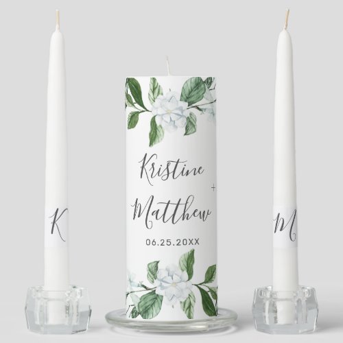 Elegant White Floral Sage Greenery Wedding Unity Candle Set