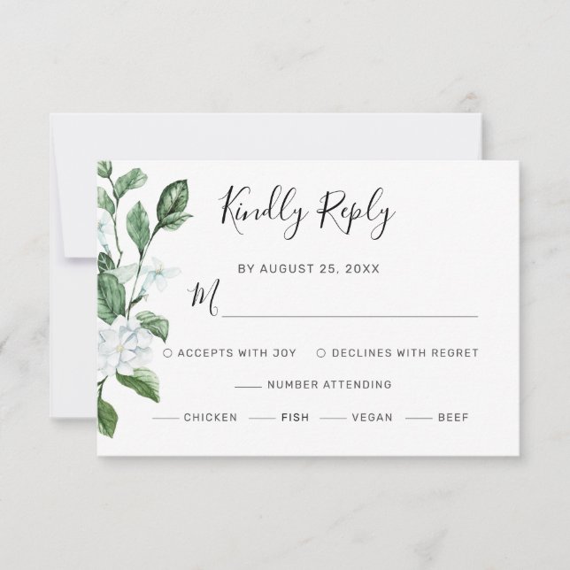 Elegant White Floral Sage Greenery Wreath Wedding RSVP Card (Front)