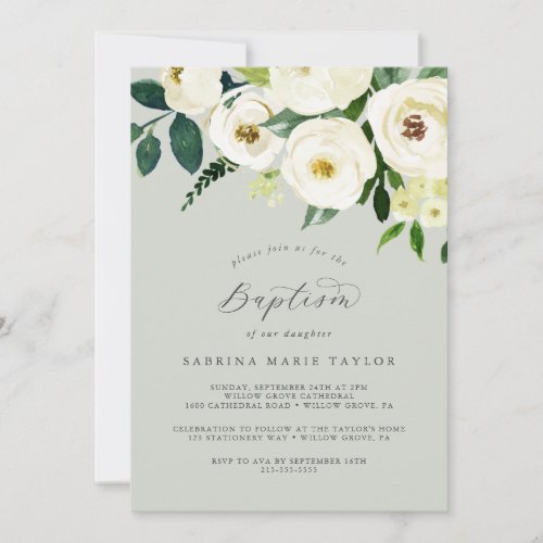 Elegant White Floral  Sage Mint Baptism Invitation
