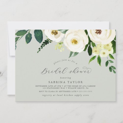Elegant White Floral  Sage Mint Bridal Shower Invitation