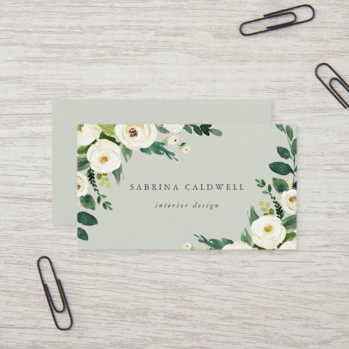 Elegant White Floral  Sage Mint Business Card