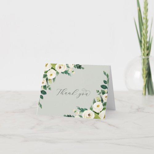 Elegant White Floral  Sage Mint Folded Wedding Thank You Card