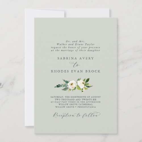 Elegant White Floral  Sage Mint Formal Wedding Invitation