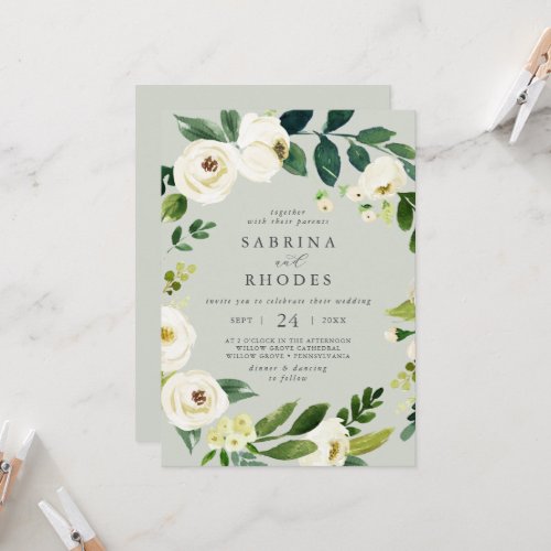 Elegant White Floral Sage Mint Front Back Wedding Invitation