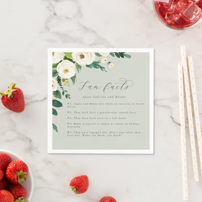 Elegant White Floral | Sage Mint Fun Facts Wedding Napkins (Insitu)