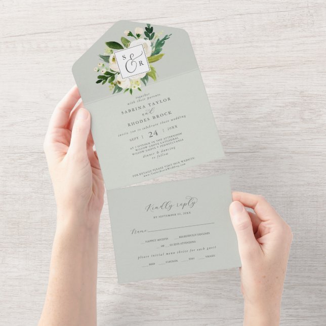 Elegant White Floral | Sage Mint Monogram Wedding All In One Invitation (Tearaway)