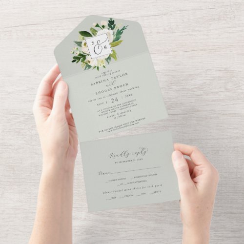 Elegant White Floral  Sage Mint Monogram Wedding All In One Invitation