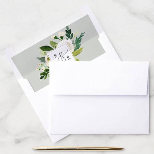 Elegant White Floral  Sage Mint Monogram Wedding Envelope Liner