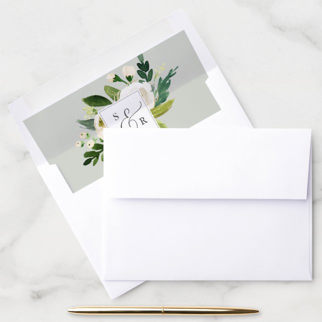 Elegant White Floral | Sage Mint Monogram Wedding Envelope Liner (Desk)
