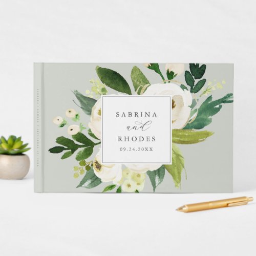 Elegant White Floral  Sage Mint Monogram Wedding Guest Book