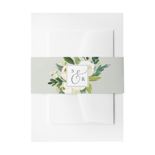 Elegant White Floral Sage Mint Monogrammed Wedding Invitation Belly Band