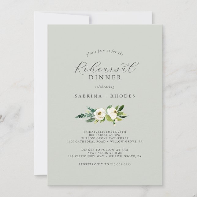 Elegant White Floral | Sage Mint Rehearsal Dinner Invitation (Front)
