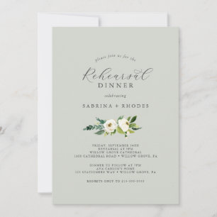 Elegant White Floral Sage Mint Rehearsal Dinner Invitation