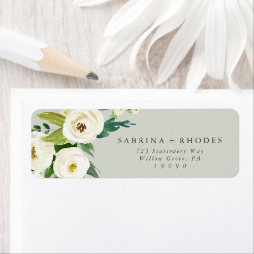 Elegant White Floral  Sage Mint Return Address Label