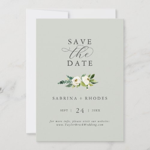 Elegant White Floral  Sage Mint Save the Date